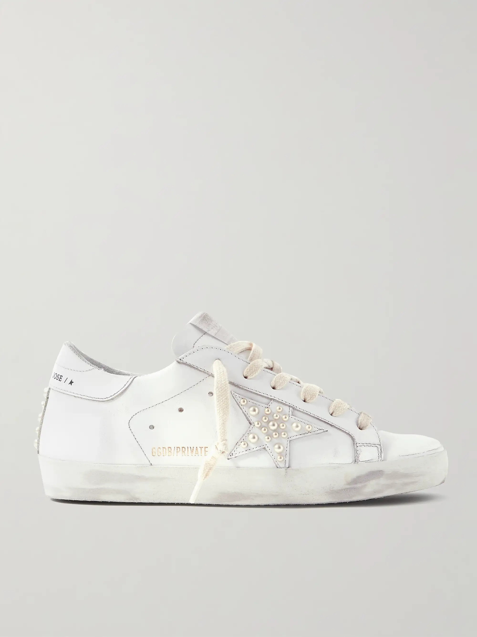 Superstar faux pearl-embellished distressed leather sneakers | NET-A-PORTER APAC