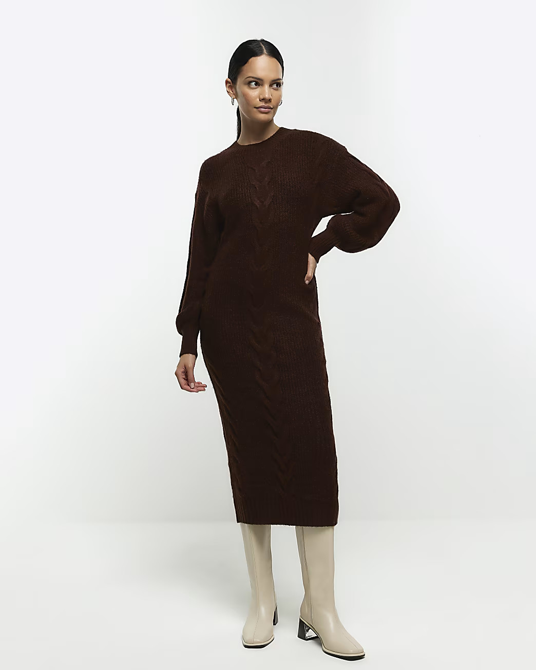 Brown plait jumper midi dress | River Island (UK & IE)