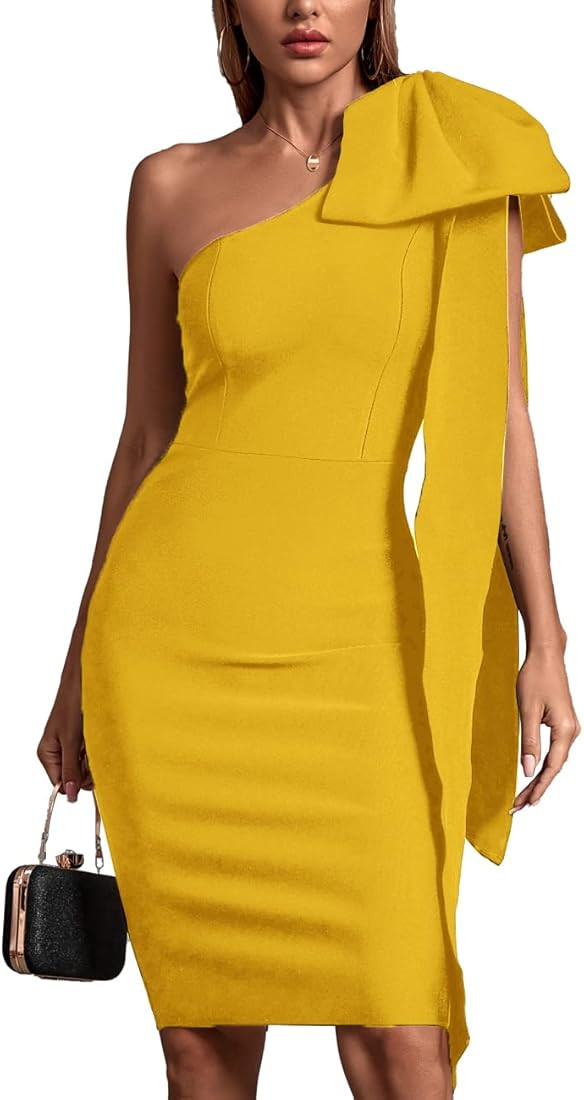 whoinshop Women's One Shoulder Bowknot Celebrity Bodycon Evening Party Bandage Dress | Amazon (US)