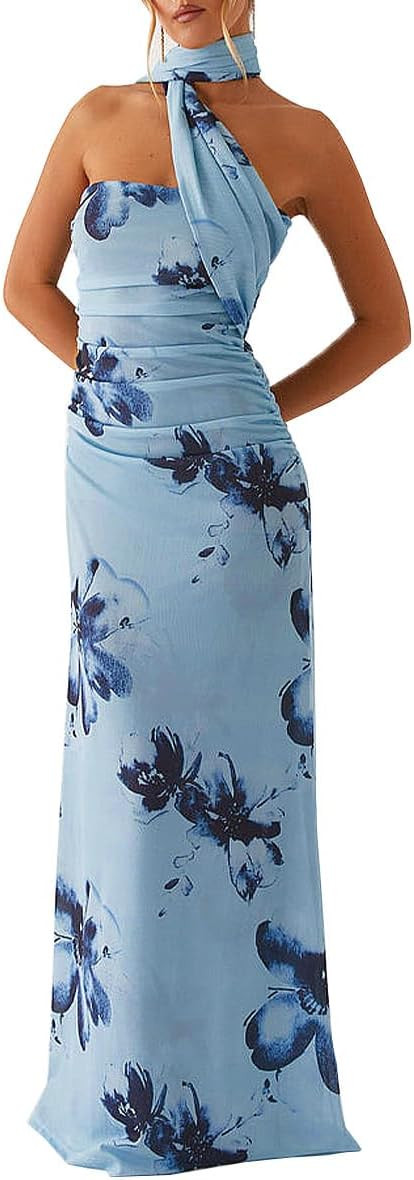Women Strapless Tube Scarf Floral Maxi Dress Elegant Summer Ruched Prom Cocktail Party Dress Wedd... | Amazon (US)