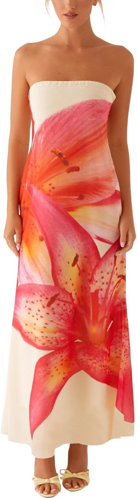 ACOSAP Women Y2k Strapless Maxi Dress Summer Backless Floral Long Tube Dress Off Shoulder Cocktai... | Amazon (US)