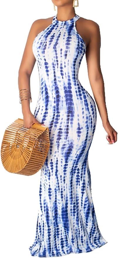 Womens Mermaid Long Maxi Dress - Sexy Sleeveless Sundress Halter Bodycon Cut Out Summer Dress | Amazon (US)