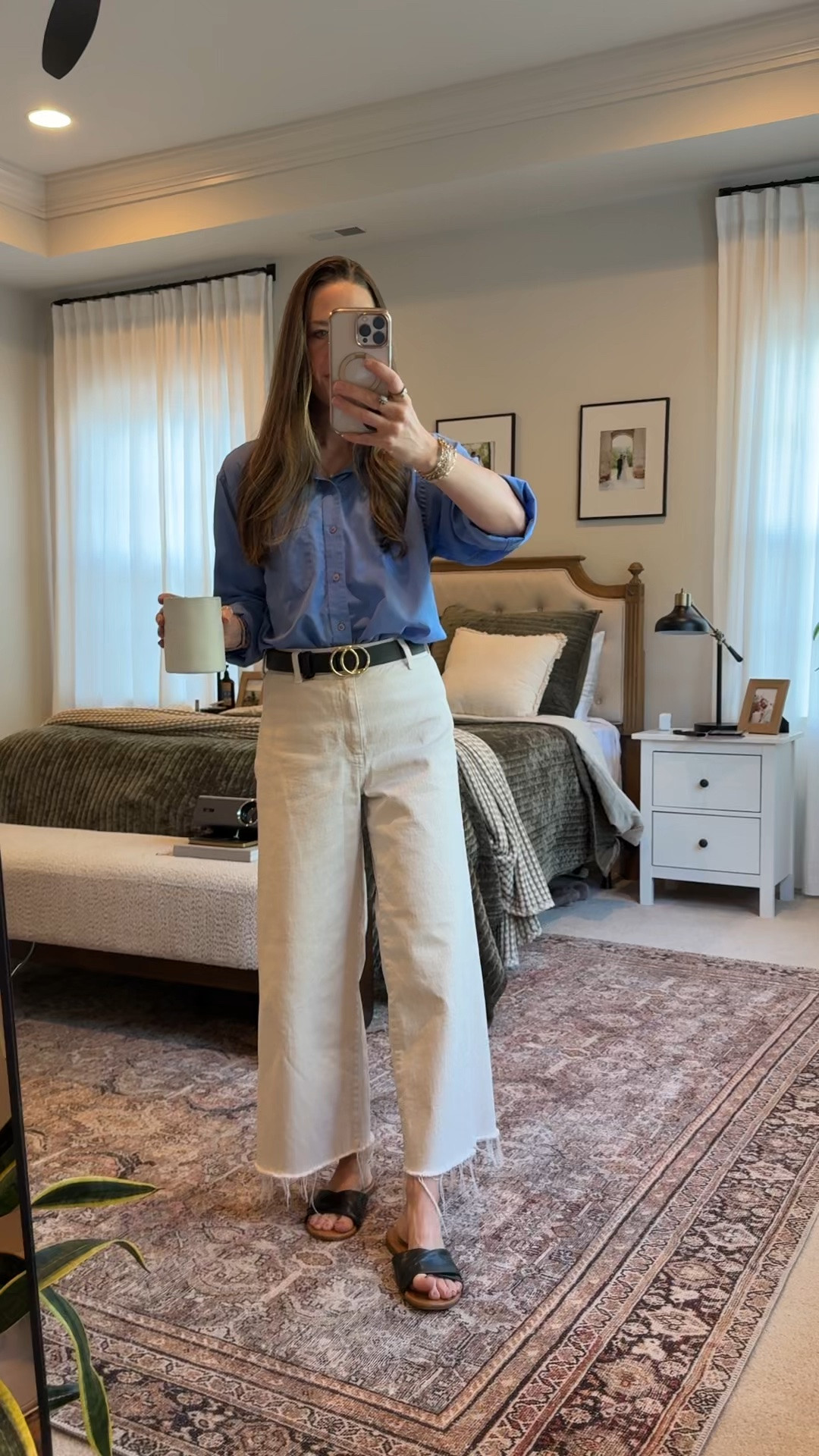 Summer workwear, but make it easy 🤍🩵 This blue button-down + white sailor jeans combo great for office casual / business casual days when it’s hot outside but the AC is freezing inside. Linking my exact Target sailor jeans + a few similar white wide leg jeans / cropped wide leg jeans and classic button-down shirts for a simple summer capsule wardrobe outfit. ✨

#LTKootd #LTKWorkwear