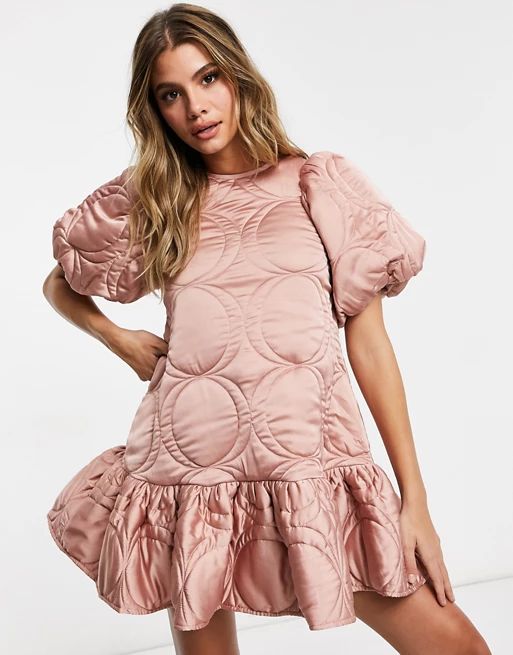 ASOS DESIGN premium satin quilted mini smock dress with puff sleeves in pink | ASOS (Global)