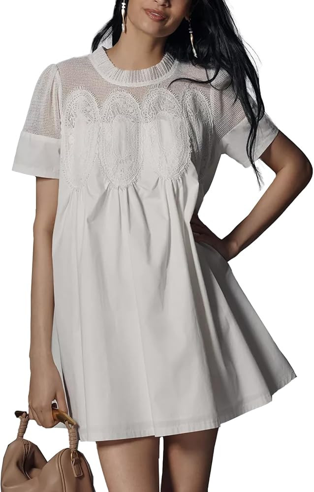 Shiyifa Womens Babydoll Lace Patchwork Dresses Summer Short Sleeve Ruffle Sundress Loose Crew Nec... | Amazon (US)