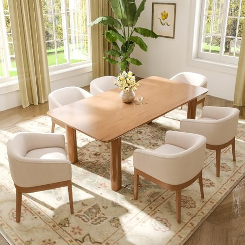 RIVOVA Dining Chairs Set of 6 Mid-Century Modern Dining Chairs, Linen Upholstered Kitchen Dining Room Chairs, Curved Backrest Dining Chair with Wood Legs, Beige | Amazon (US)