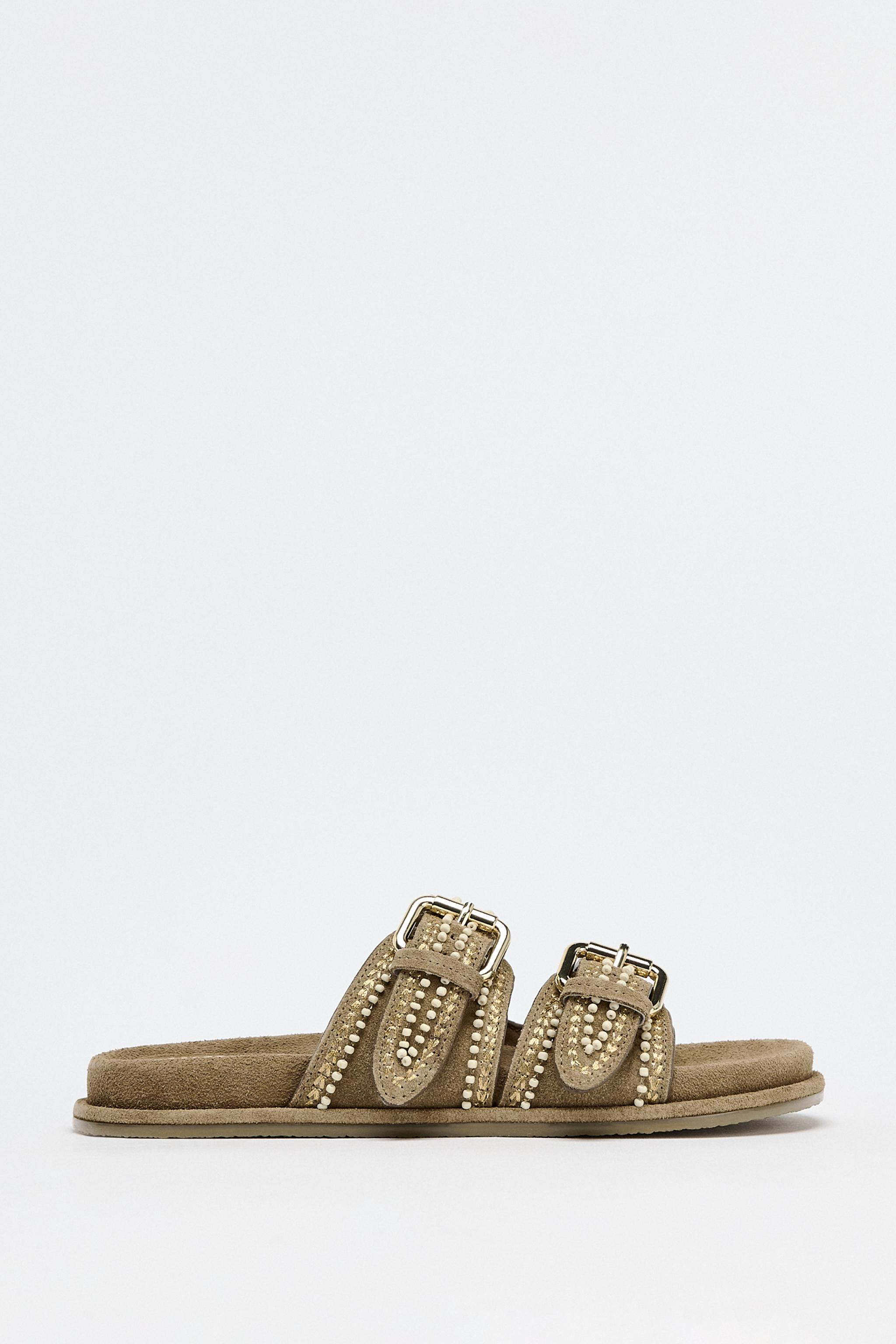 EMBROIDERED FLAT SPLIT SUEDE SANDALS | Zara UK