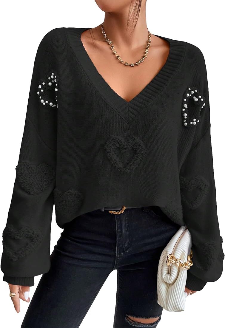 Verdusa Women's Pearls Heart V Neck Drop Shoulder Sweater Long Sleeve Loose Knit Top | Amazon (US)