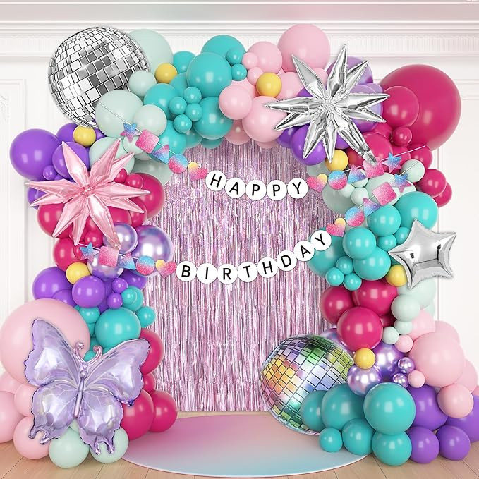 136Pcs Music Birthday Decoration Pink Purple Blue Sliver Balloon Arch Kit Disco Ball Star Butterf... | Amazon (US)