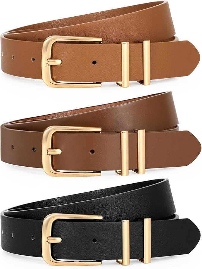 LEACOOLKEY 3 Pack Women's Leather Belts for Jeans Dresses Fashion Ladies Gold/Sliver Buckle Leath... | Amazon (US)