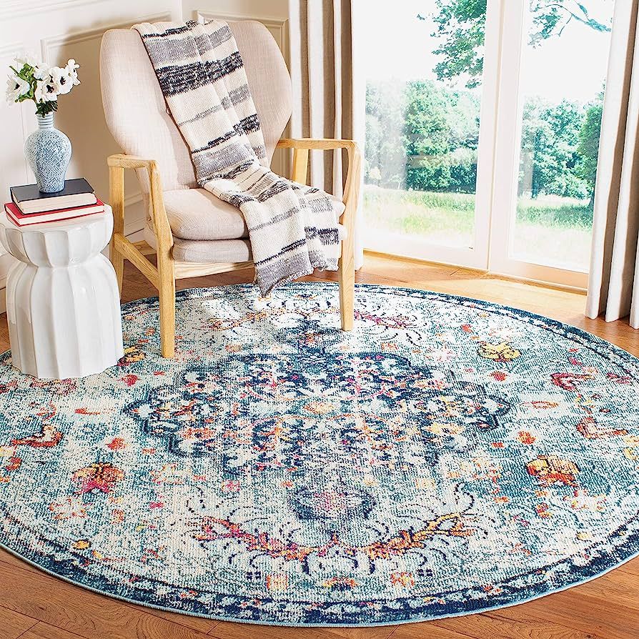 SAFAVIEH Madison Collection 3' Round Navy/Light Blue MAD447K Boho Chic Medallion Distressed Non-S... | Amazon (US)