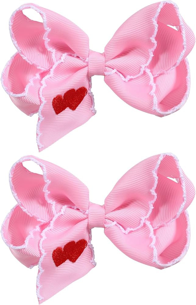 Valentine Pink Hair Bows 2pc 4in red Love Heart Embroidered Ribbon Bowknot Alligator Clip Gift fo... | Amazon (US)