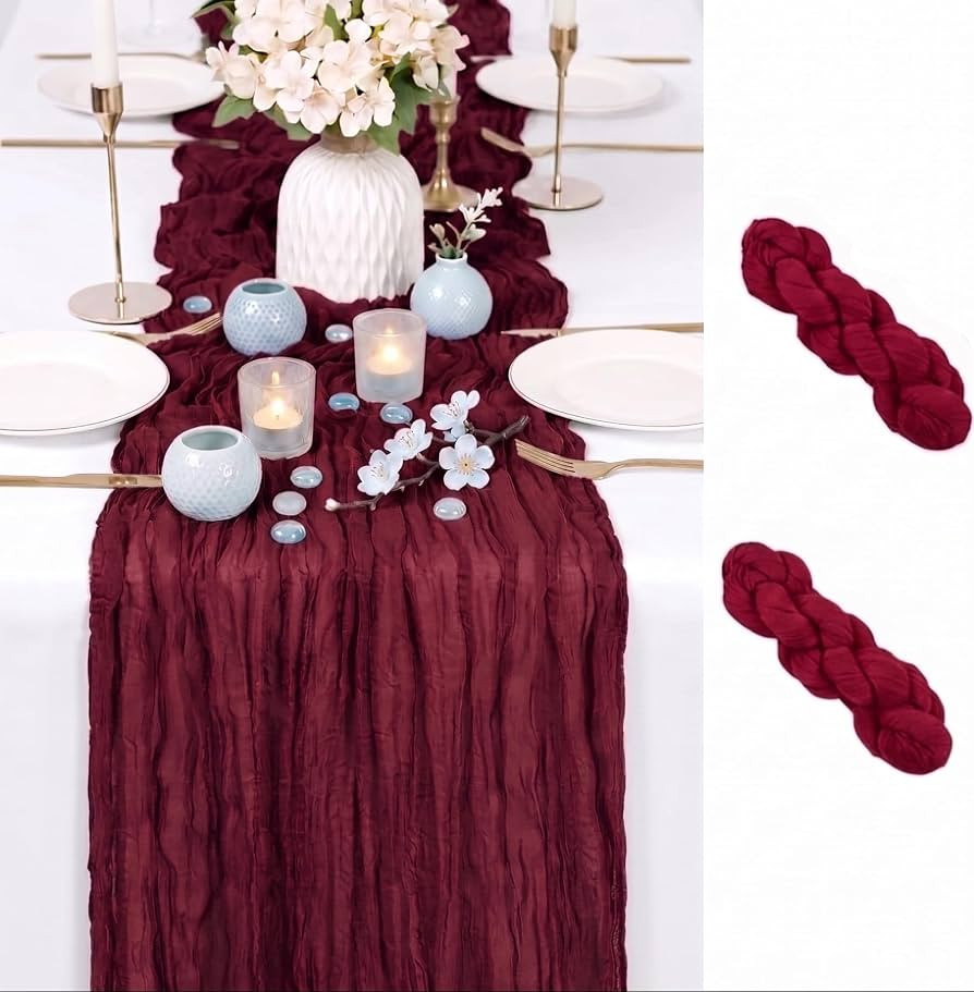 2 Pack Burgundy Cheesecloth Table Runner 17x108 Inch Boho Rustic Semi Sheer Gauze Cheese Cloth Ta... | Amazon (US)