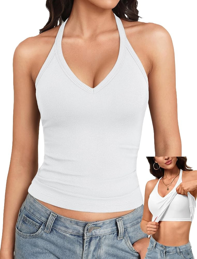 Avidlove V Neck Tank Top for Women Built in Bra Tanks Ribbed Racerback Fitted Long Casual Basic C... | Amazon (US)