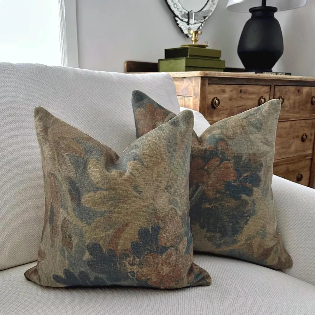 Mocha Pattern Designer Pillow Chenille Texture Throw Cushion Cover Rustic Blue Decor Vintage Styl... | Etsy (US)