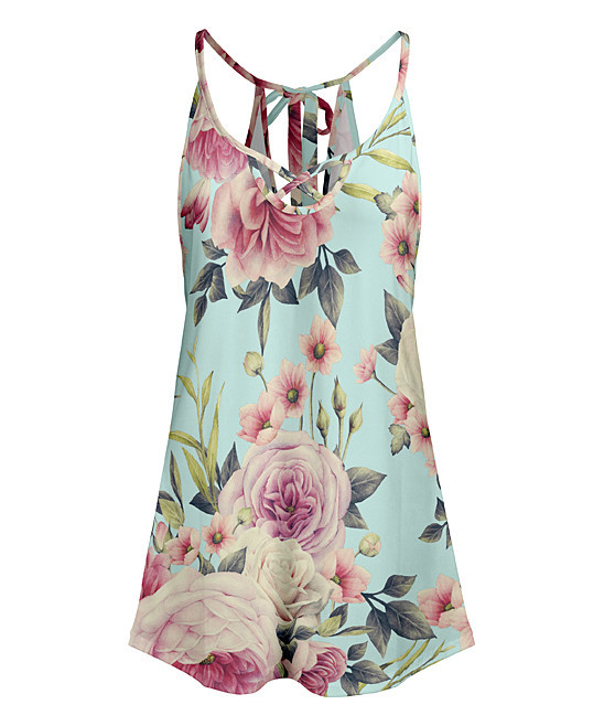 Lily Women's Tunics MNT - Mint & Pink Floral Cami-Strap Crisscross Tunic - Women | Zulily