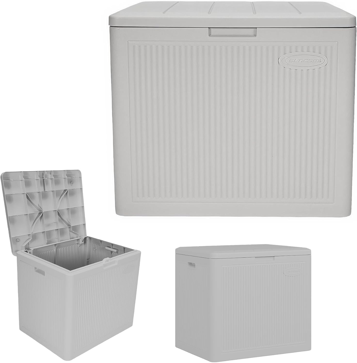 Suncast 22-Gal. Resin Small Outdoor Patio Deck Box with Reeded Design, Modern Outdoor Patio Bench/Storage Box for Cushions, Garden Tools, and More, French Gray | Amazon (US)