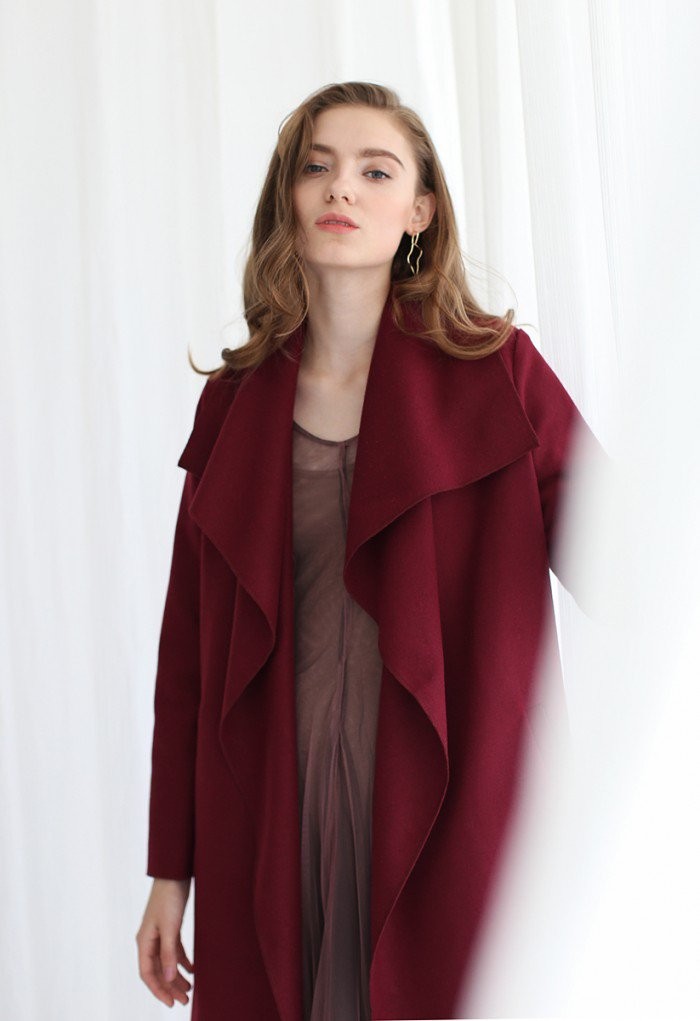 Free Myself Open Front Wool-Blend Coat in Wine | Chicwish
