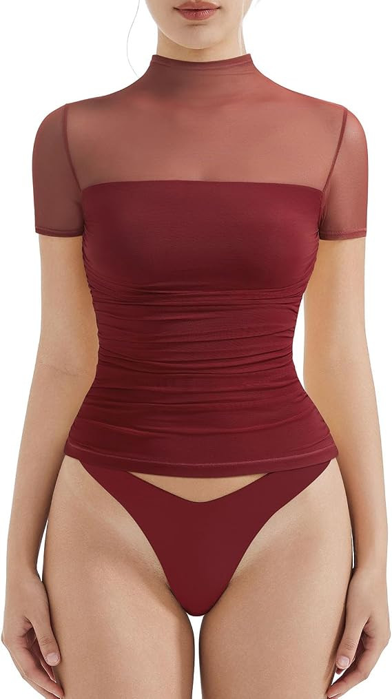 SUUKSESS Women Sexy Mesh Sheer Short Sleeve Tops Mock Neck Ruched Going Out Shirts | Amazon (US)