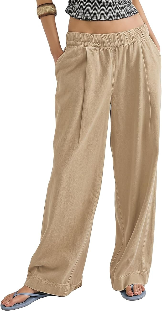 Gnveub Women's Elastic Waist Wide Leg Pants Casual High Waist Baggy Pants Lounge Trousers with Po... | Amazon (US)