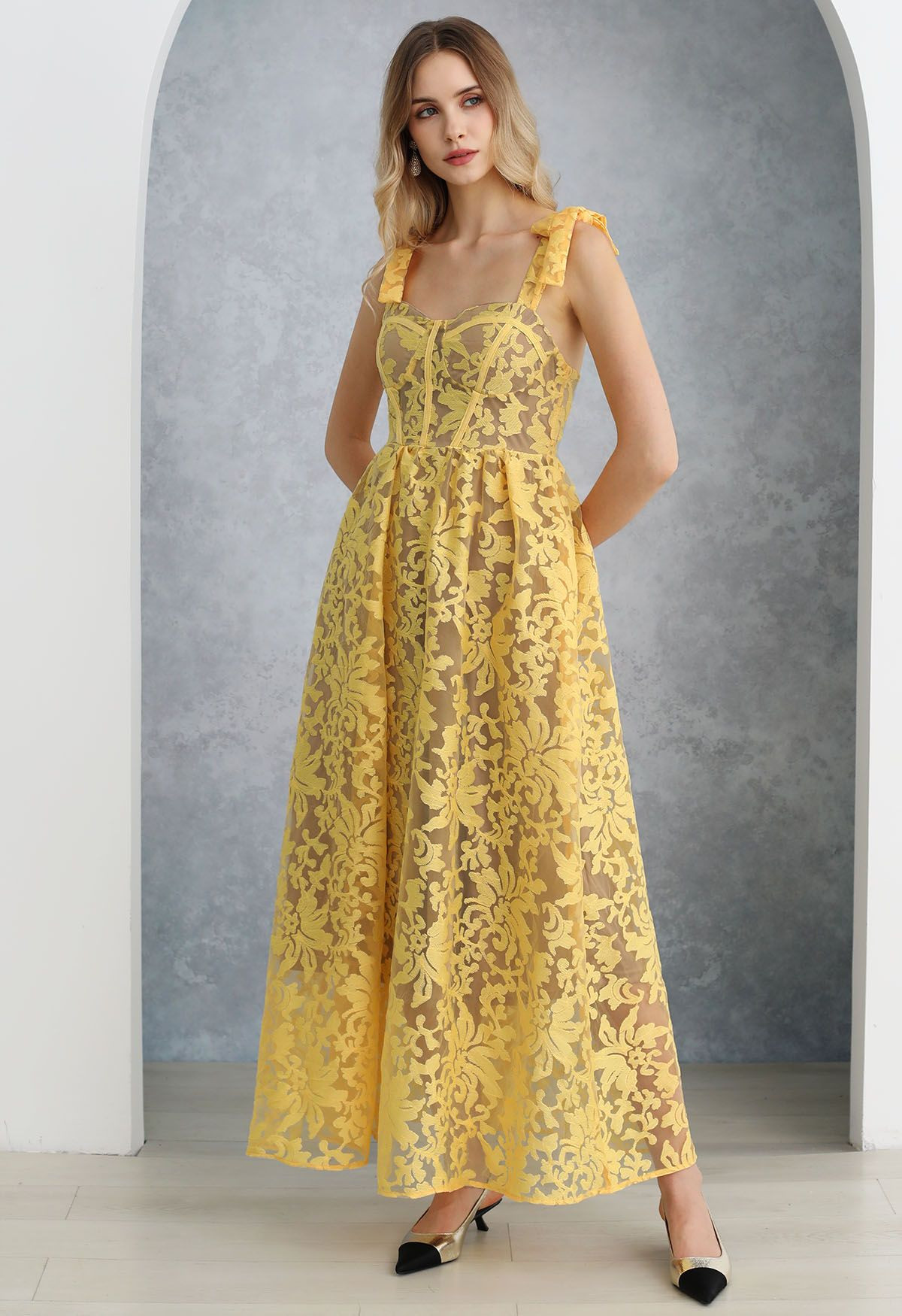Yellow Embroidered Floral Organza Cami Dress | Chicwish
