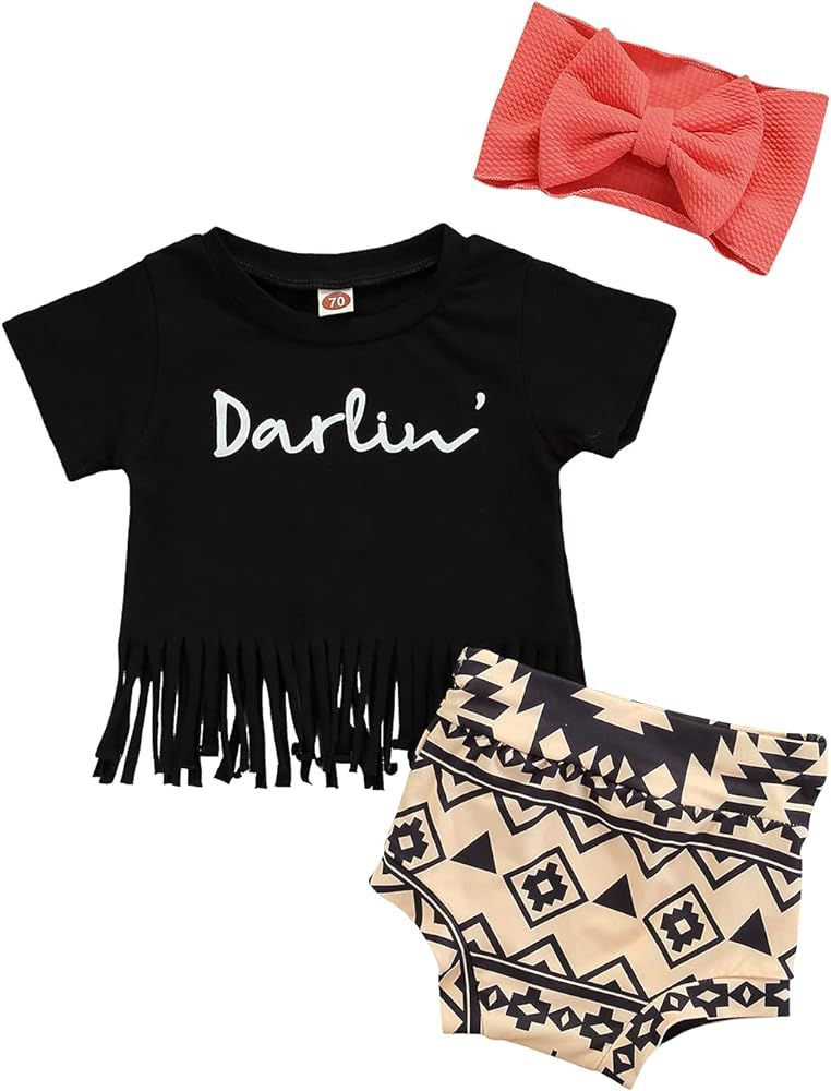 3pcs Lovely Baby Girls Summer Clothes Sets Letter Short Sleeve Tassel T Shirts Donuts Printed Sho... | Amazon (US)