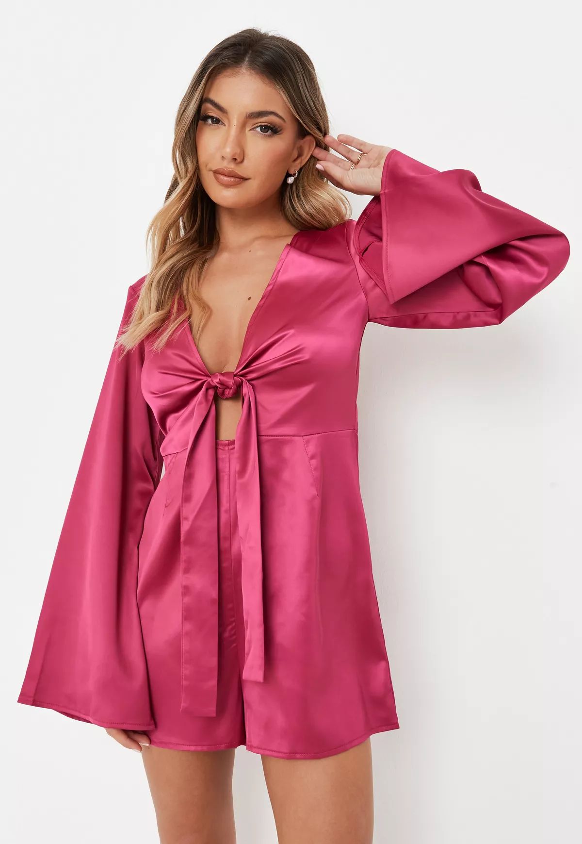 Hot Pink Satin Tie Front Flare Sleeve Romper | Missguided (US & CA)