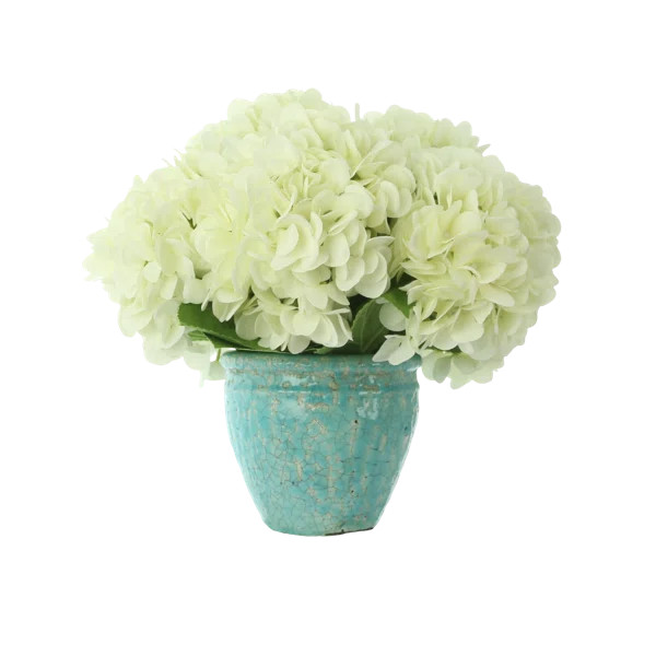 White Hydrangeas in Teal Ceramic Vase | Wayfair North America