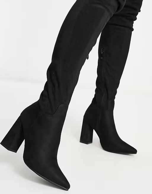Truffle Collection thigh high heeled boots in black | ASOS (Global)