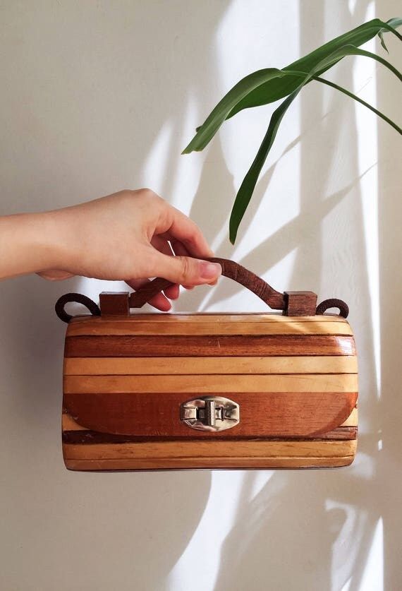 Vintage Boho Chic Bag Small Wood Purse Box Bag with Top Handle and Shoulder Strap | Etsy (US)