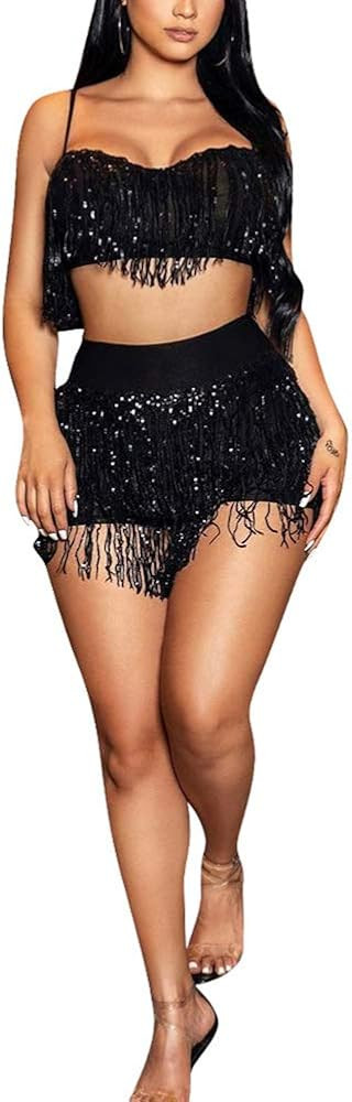 Women's Sexy Sequin 2 Piece Short Set Flowy Tassel Crop Top Mini Short Pants Clubwear | Amazon (US)