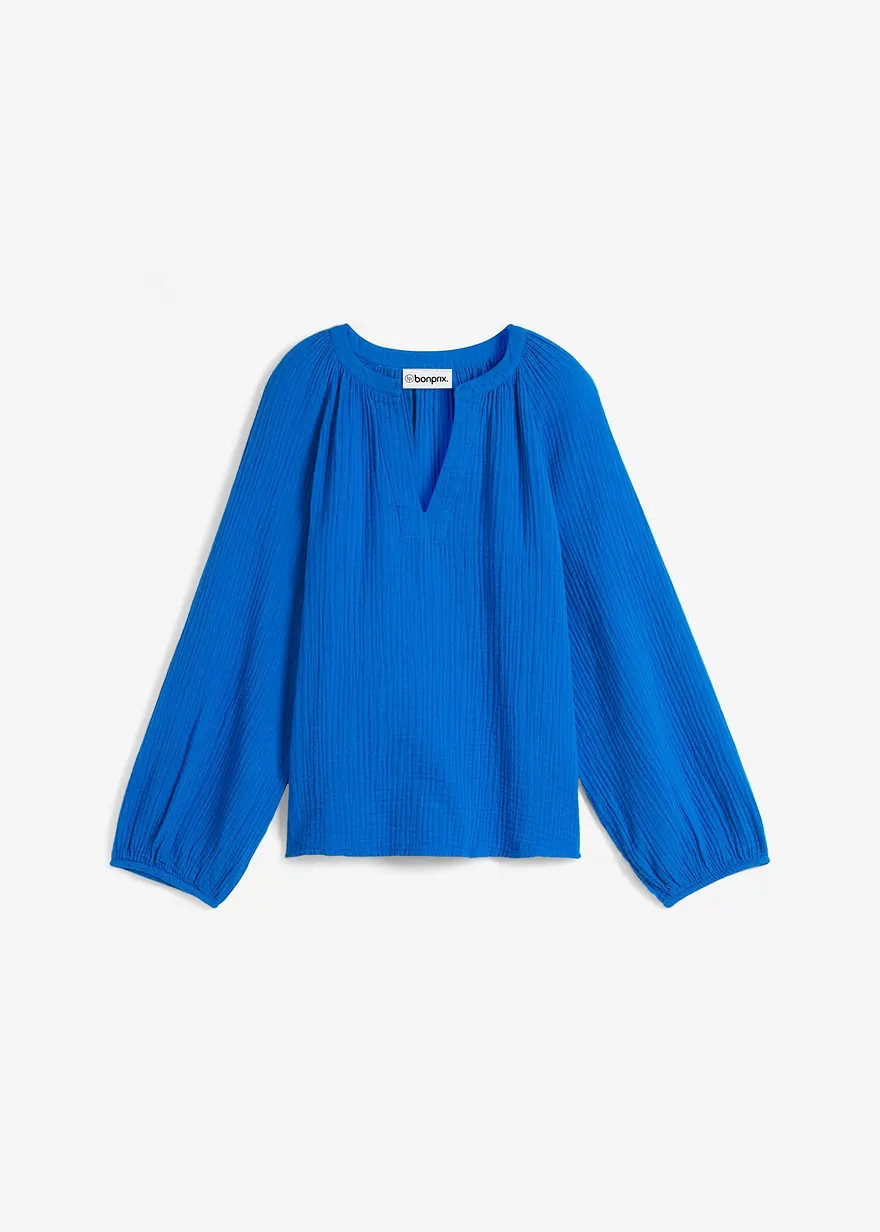 Sommerliche Musselin-Bluse mit 3/4 Arm und V-Ausschnitt - blau | Bonprix DE