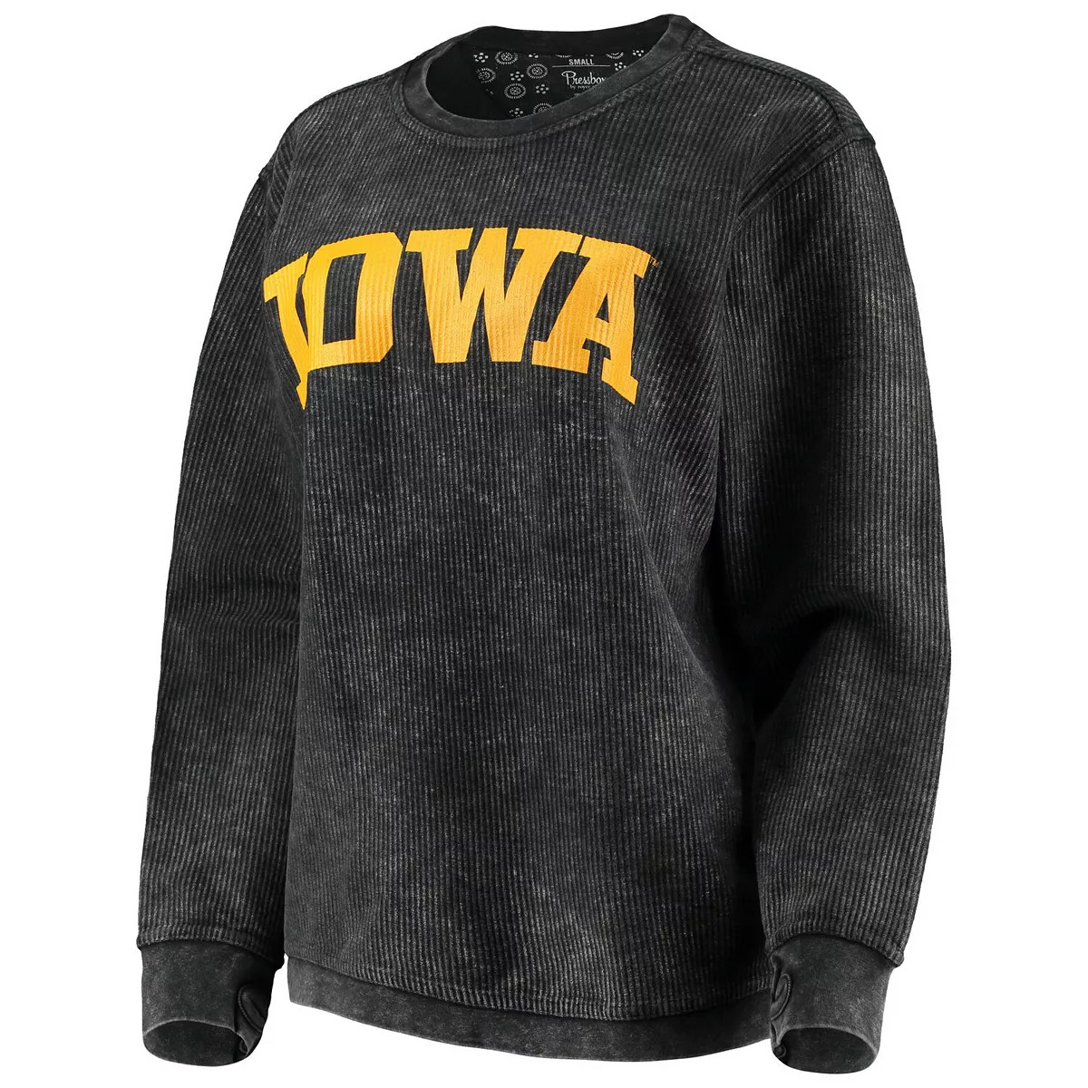 Women's Pressbox Black Iowa Hawkeyes Comfy Cord Vintage Wash Basic Arch Pullover Sweatshirt | Kohl's