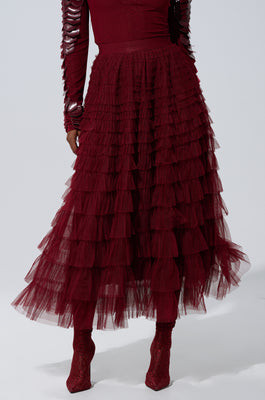 AKIRA Stars Aligned Mesh Ruffle Maxi Skirt | Burgundy | Size Medium | AKIRA