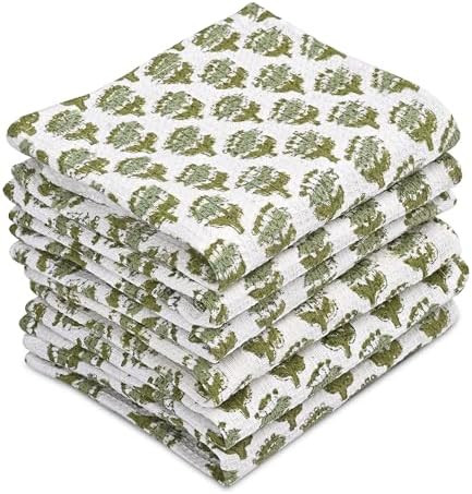 CPC Emerald Green Hand Block Printed Cotton Waffle Dish Cloth Set of 6-12x12 Inch Super Absorbent... | Amazon (US)