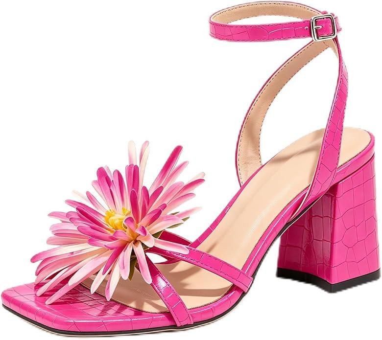 Women's Floral Block Heel Sandals, Square Toe Ankle Strap High Heels, 2.5 Inch Comfortable Mid He... | Amazon (US)