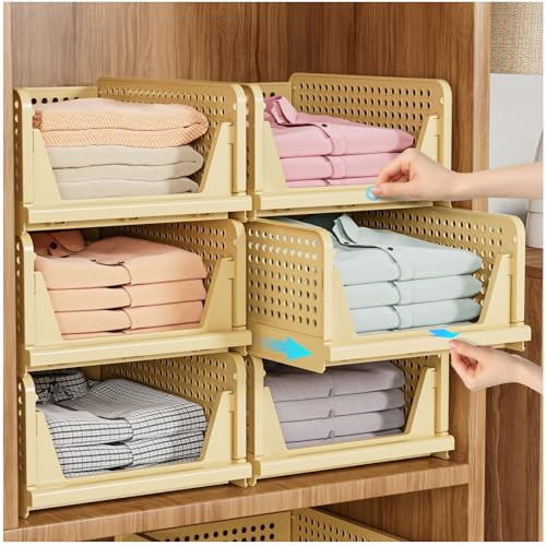 SNSLXH 5 Pack Stackable Closet Organizer Box, Multifunctional & Foldable Closet Storage Basket for Bathroom Kitchen Laundry Room Wardrobe Storage, Space-Saving Clothes Storage Drawer Organizer, Yellow | Amazon (US)