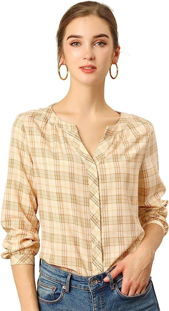 Allegra K Women's Button-Up Long Sleeve Shirt Casual Split Neck Vintage Plaid Peasant Blouse | Amazon (US)