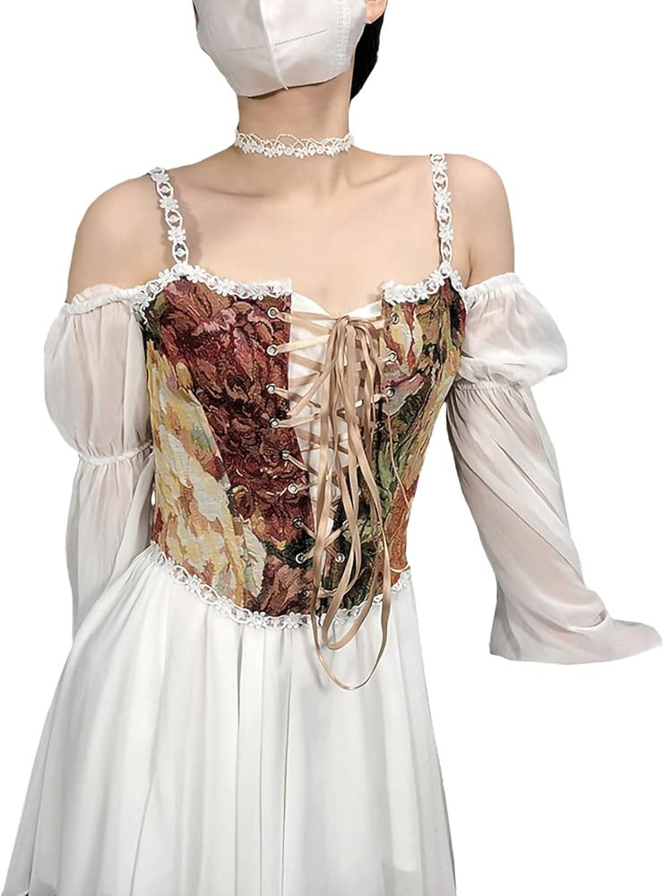 Bowanadacles Women Vintage Floral Camisole Flower Embroidery Pattern Tight Vest Drawstring Tie-up... | Amazon (US)