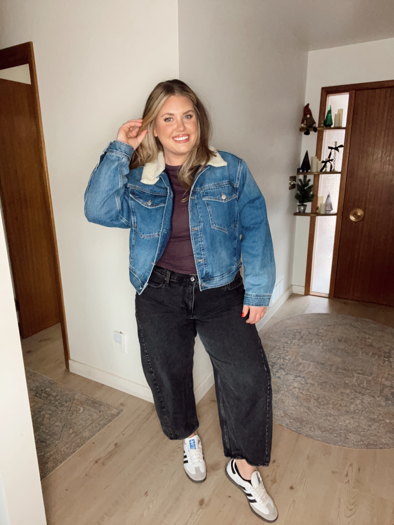 Jacket: xl
Long sleeve: xl
Jeans: tts
Shoes: size down 

#LTKFindsUnder100 #LTKMidsize #LTKStyleTip