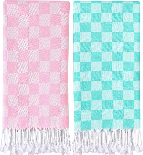Antfuny 2 Packs Checkered Plaid Travel Towel Turkish Towel Beach Blanket Quick Dry Lightweight Ha... | Amazon (US)