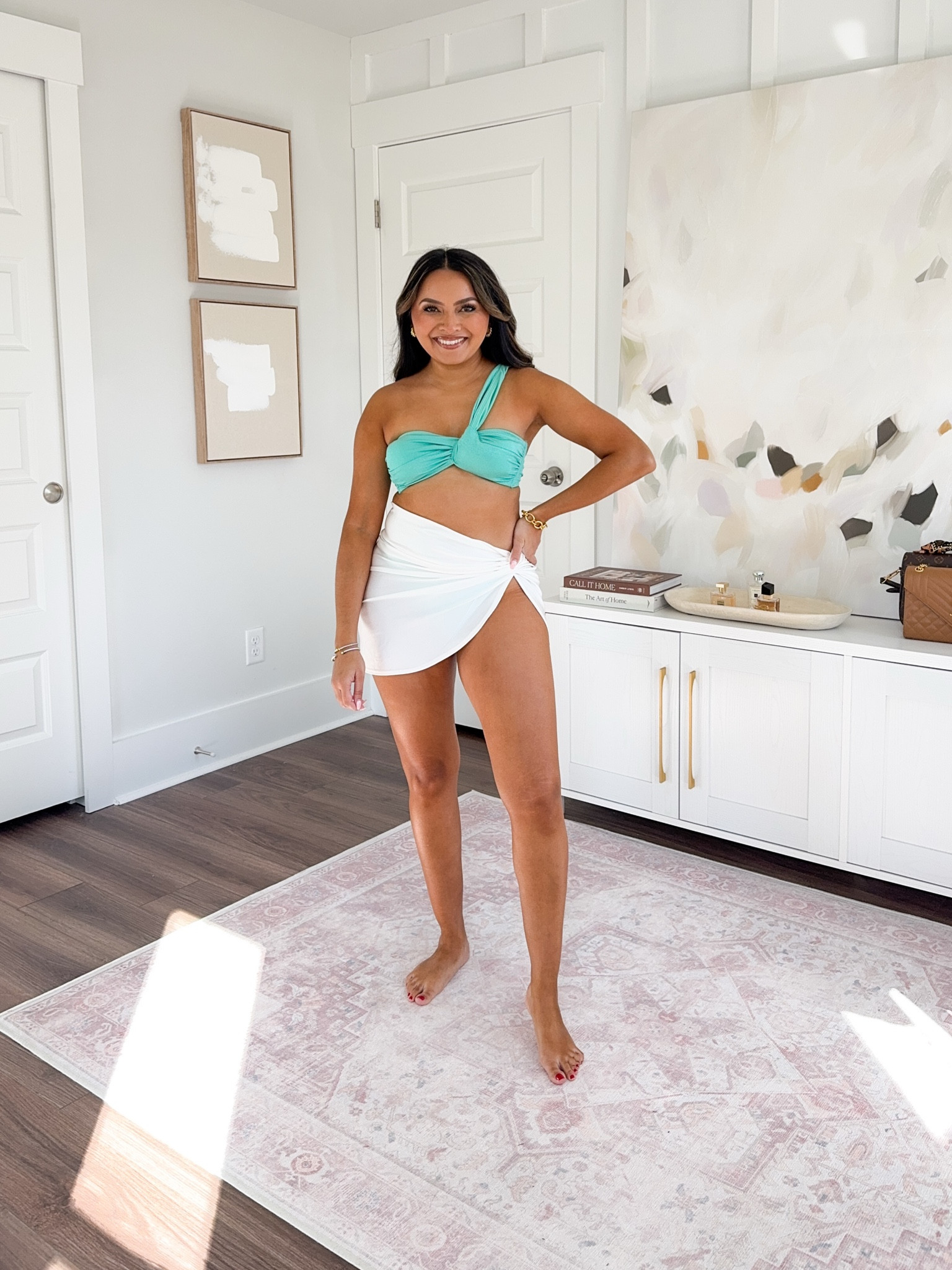 Turquoise swimsuit top size xs TTS
Turquoise swimsuit bottom size small TTS
White coverup skirt size xs TTS


#LTKFindsUnder50 #LTKPetite #LTKSwim