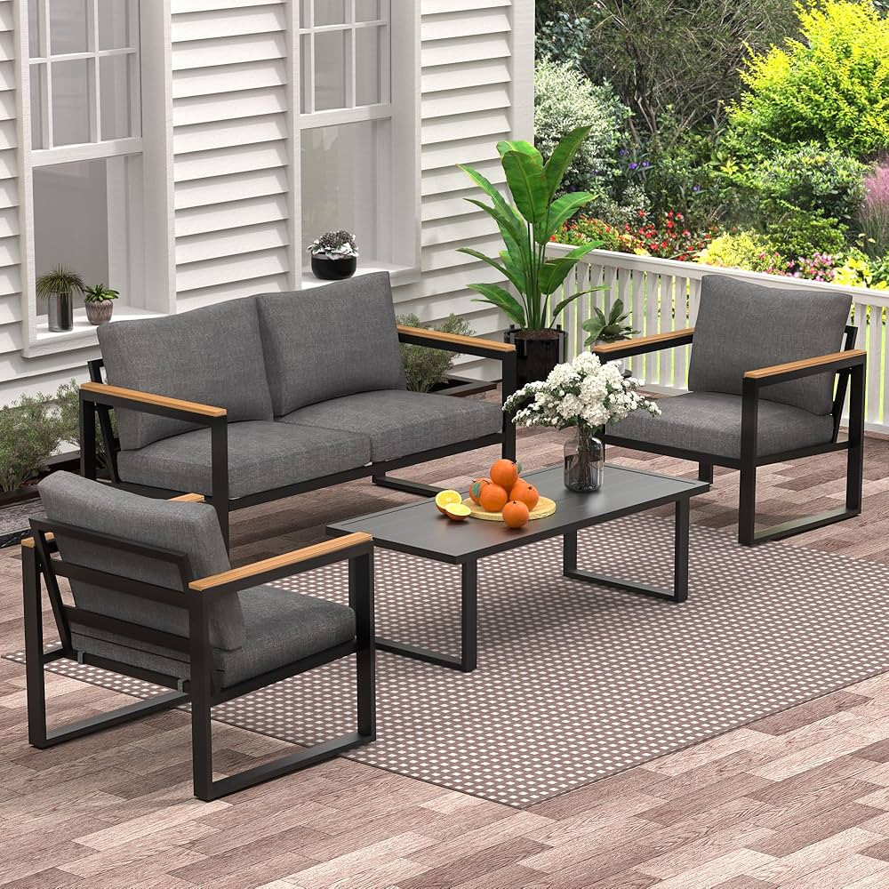Patio Furniture Set, 4 Pieces Outdoor Patio Furniture with Table Set, Metal Patio Conversation Se... | Amazon (US)