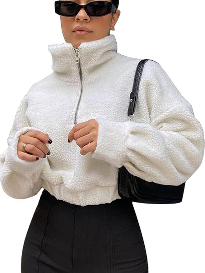 ZAFUL Women's Sherpa Pullover Faux Fur Half Zip Long Sleeve Crop Sweatshirt (2-White, M) at Amazo... | Amazon (US)