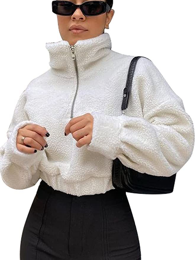 ZAFUL Women's Sherpa Pullover Faux Fur Half Zip Long Sleeve Crop Sweatshirt (2-White, M) at Amazo... | Amazon (US)