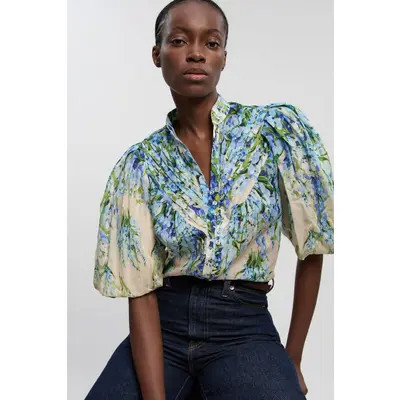 Karen Millen Floral Puff Sleeve Blouse in Blue at Nordstrom, Size 6 | Nordstrom