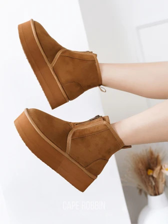 Miane Fur-Lined Platform Suede Ankle Booties | SHEIN
