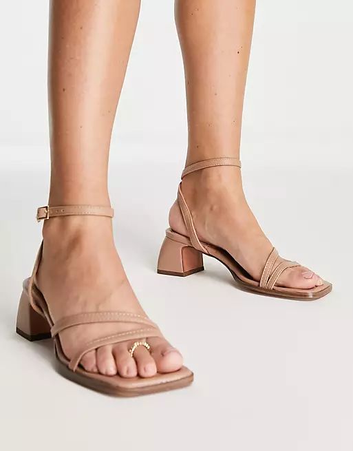 ASOS DESIGN Hampton block mid heeled sandals in beige | ASOS (Global)