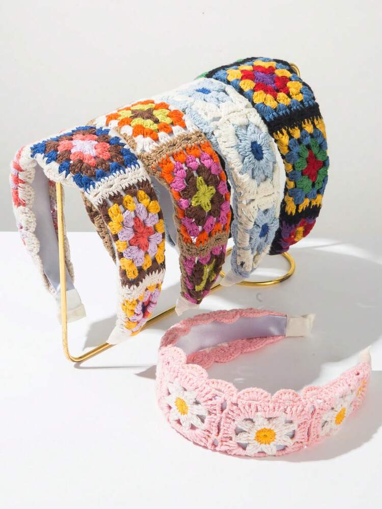1 Pc Boho Crochet Headband - Colorful Floral Patchwork Design, Women's Soft Polyester Headband, Bohemian Style Hair Accessory, Suitable For Casual & Festive Occasions, Hairband Headband For Women, Hair Accessories, Hair Hoop | SHEIN