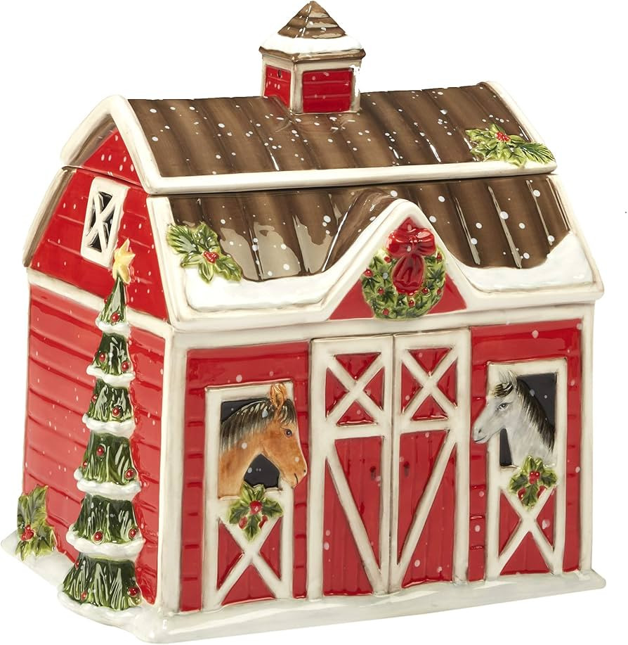 Christmas on the Farm 3D Cookie Jar – Festive Holiday Barn Design with Horses, Wreath & Tree, 1... | Amazon (US)